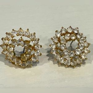 Vintage Swirl Sparkly Rhinestone Gold Tone Pierced Earrings